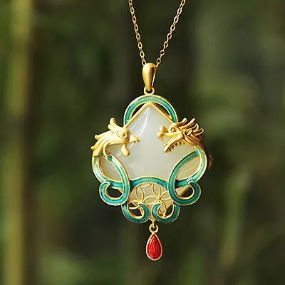 Jade Dragon Phoenix Pendant Jewelry White Silver Necklace Chalcedony • £7.77