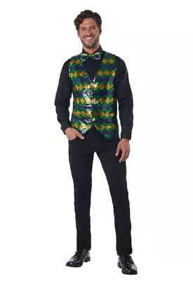 Men's Mardi Gras Party Parade Sequin Vest & Bow Tie Adult Costume Kit SM-MD • $34.95