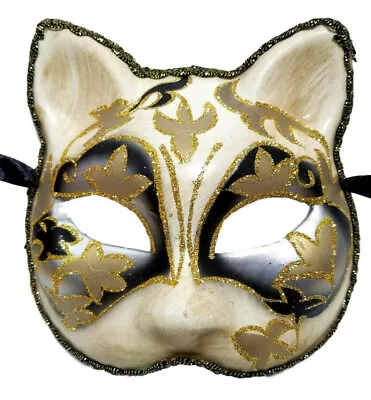 Venetian Cat Silver Black White Beige Paper Mache Masquerade Mardi Gras Mask • $12.99