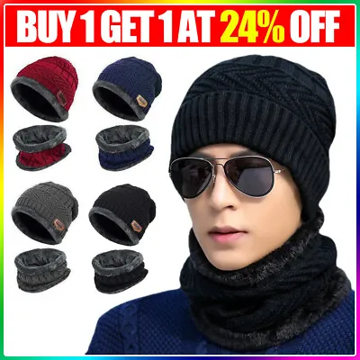 Beanie Hat And Circle Scarf Set For Men Winter Hat Warm Knitted Hat Neck Warmer • £5.95