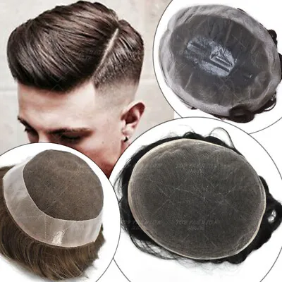 $72 • Buy Thin PU LACE Toupee Topper Mens Human Hair Hairpiece Replacement System NPU Gray