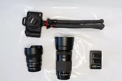 Canon EOS M50 Camera Lenses Tripod Batteries - Black Good Condition • £750