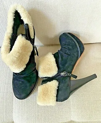 UGG Georgette 1001715 Suede Sheepskin Black Ankle Booties Heels Women’s Sz 8.5 • $95