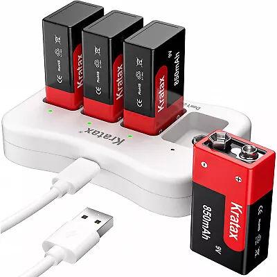 Kratax 850mA 9v Rechargeable Li-ion Battery Lithium PP3 9V Battery USB Charger • £41.99