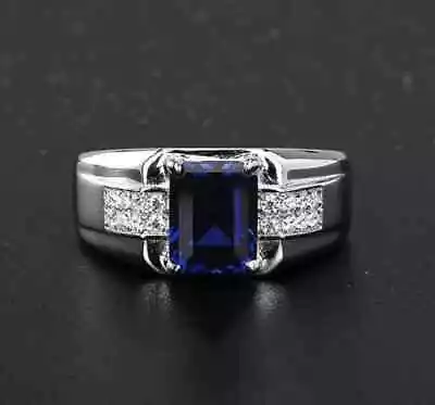 2Ct Emerald Cut Lab Created Sapphire 14K White Gold Plated Men's Engagement Ring • $129.99