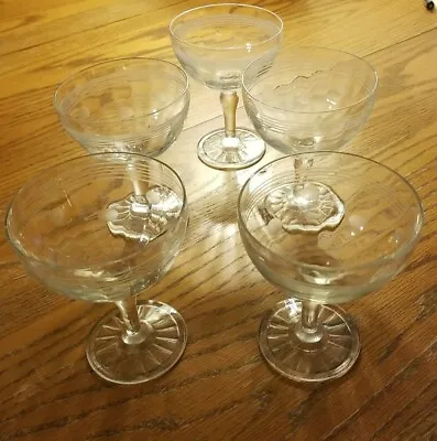 Vintage Depression Glasses Etched Lines And Ovals. Set Of 5. 4.5 Inches Tall. • $31