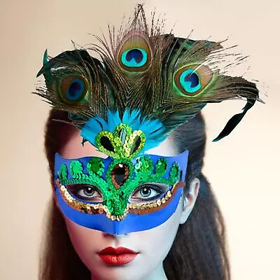 Peacock Feather Mask Halloween Women Men Carnival Masquerade Feather Mask • £6.78