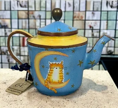 Charlotte Di Vita Cat On Moon Miniature Enamel Tea Pot Numbered 66942863 2006 • $39.99