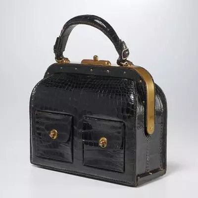 Vintage Black Croc Framed Doctor Satchel Purse Bag Handbag • $650