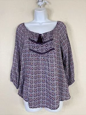 Mossimo Womens Size M Purple Mosaic Tassled Blouse 3/4 Sleeve • $5.37