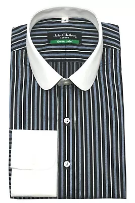 Mens Penny Round Edwardian Collar Black Blue Stripes 100% Cotton Dress Shirt Ne • £25