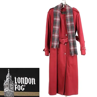8 Vintage London Fog Burgundy Red Spy Princess Belted Jacket Coat W Plaid Scarf • $55