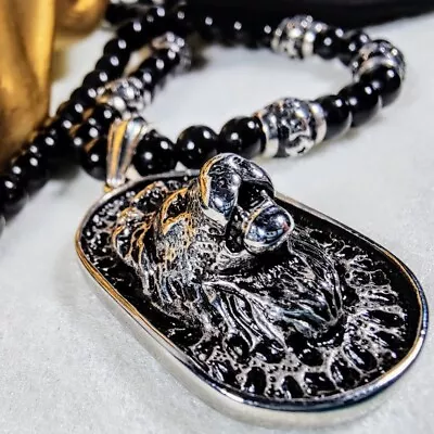 Lion Pendant 8mm Black Onyx Beaded Necklace  29 Black Chrome Stainless Free Ship • $45