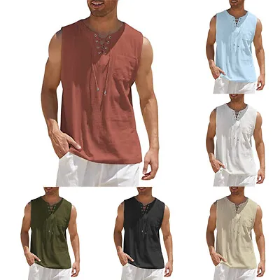 Mens Cotton Linen Short Sleeve T-shirt Casual Loose V Neck Lace Up Tops Tunic • $10.26