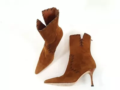 Manolo Blahnik Brown Suede Pointy Toe Whipstitch Mid Calf Boots Size 40 • $179.99