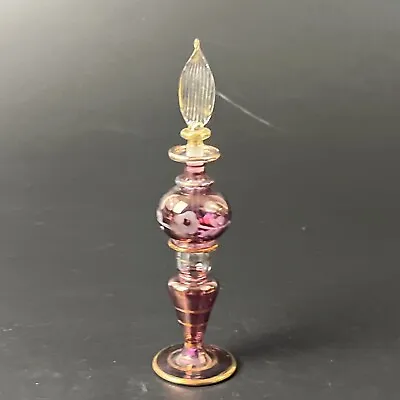 Vintage Egyptian Hand Blown Pink Purple Etched Glass Perfume Bottle Gold Trim 6  • $14.99