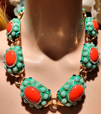 Bold Modern Hip New J Crew Necklace Turquoise Blue Enamel Orange Gripoix Style • $29.99