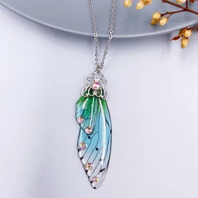 Fairy Silver Pendant Resin Green Butterfly Wing Necklace Wedding Jewelry Gift  • $1.66