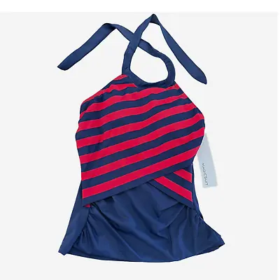 Miraclesuit High-Neck Halter Slimming Tankini Top | Sz 4 Navy Red Stripe NEW • $65
