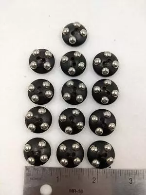 Vintage LOT Of 13 Round Black Wood Buttons With Silver Accents • $6.99