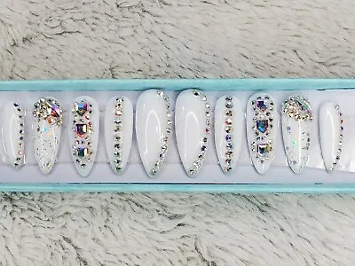 Super Bling White Holographic Glitter Press On Nails Crystal Swarovski Stiletto  • $60