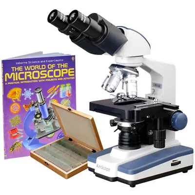 AmScope 2500X LED Binocular Compound Microscope 3D-Stage Book 100 Prepared Slide • $308.99