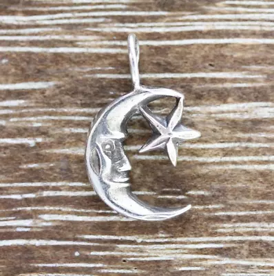 Vintage Crescent Moon Star Face Sterling Silver 925 Small Pendant Retro • $26