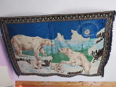 VTG Crushed Velvet Tapestry Rug Polar Bears Family Antartica 47x63  LARGE • $16