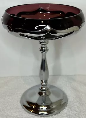 $34 • Buy Vintage Farber Bros New York Chrome Amethyst Glass Pedestal Compote 7.25 Inches 