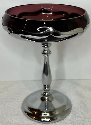 Vintage Farber Bros New York Chrome Amethyst Glass Pedestal Compote 7.25 Inches  • $34