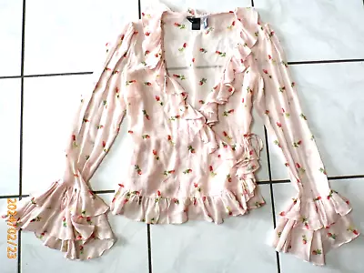 Moda International Top Blouse Women M Pink Floral 100% Silk Ruffle G118 • $31.50