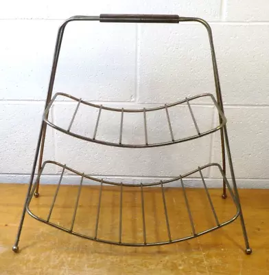 Vintage Mid Century Modern Magazine Rack Two Tier Wood Handle Hairpin • $30