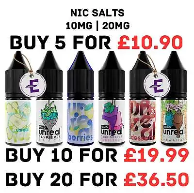 Unreal  Vape E Liquid 10ml Nic Salt 5mg 10mg 20mg Shot Juice Ecig VG50/50PG BULK • £2.94