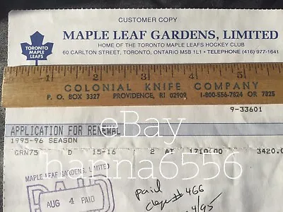 Maple Leaf Gardens  Invoice For Seasons Tickets  1995  Original • $10.94