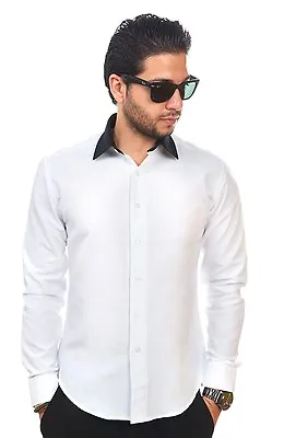 Slim / Tailored Fit Mens White & Black Collar Dress Shirt Wrinkle-Free AZAR MAN • $21.95