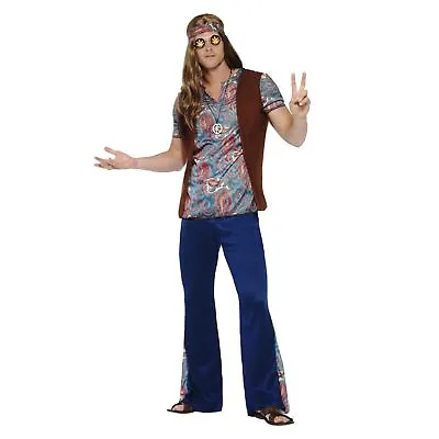 Mens Adult Hippy Hippie Fancy Dress Costume Outfit 60s 70s Woodstock Waistcoat • £23.60