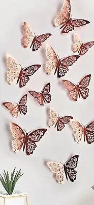 Rose Gold 12 Pcs 3D Butterflies Wall Art Cake Dessert Decorations Home. • £2.97