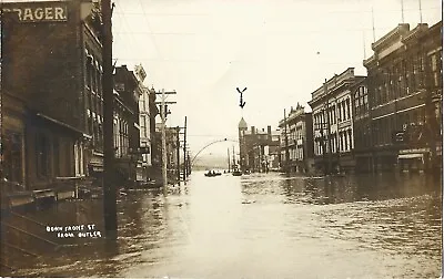 Marietta OH 1907 Flood; Down Front St. Toward Bellevue Hotel Described On Back • $14.85