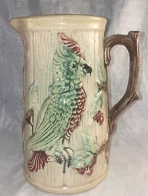 Antique Majolica Embossed Parrot Cockatoo Pitcher With Branch Handle • $100
