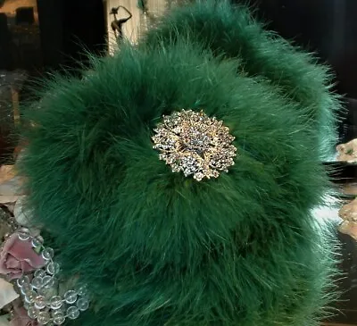 Dusting Body Powder White Puff  Dark Emerald Green Feather Down Rhinestone • $34.95