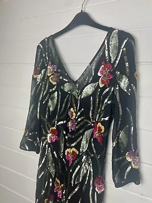 £75 • Buy By Matthew Williamson Black Multi Floral Sequin Bead V Neck Maxi Dress Gown 10