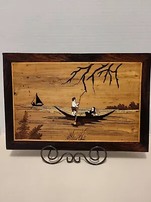 Vintage Inlaid Wood Art Marquetry Couple On A Lake In A Boat • $25