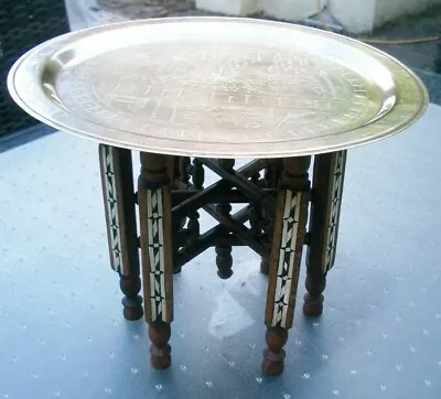 Miniature   Islamic  Inlaid Folding Side Table With  Brass Tray   • $94.68