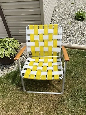 Vintage Folding Lawn Chair Aluminum Frame Wood Arms Yellow & White Webbed • $42.99