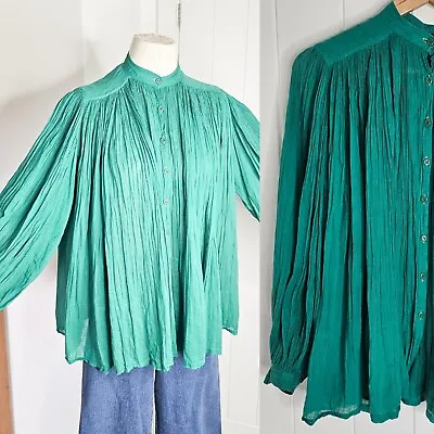 Exquisite Vtg Monsoon 1970s Indian Gauze Cotton Emerald Green Smocked Blouse • $945.95