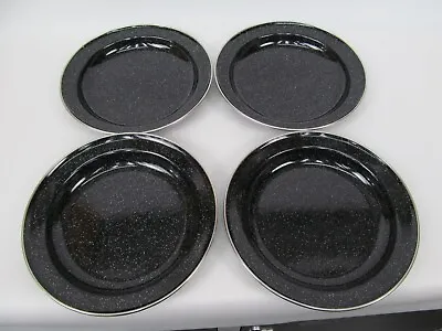 Lot Of 4 Camping Granite Ware Enamel Plates Dinner 10 ¼” Black • $21.25