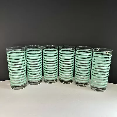 Set Of 6 Vtg Ocean Aqua / Green Thailand Striped Glasses 12 Oz MCM Highball Bar • $25