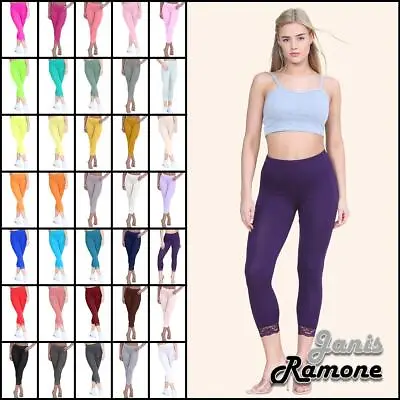 New Ladies Plain Lace Trim Cropped Yoga Stretchy 3/4 Length Capri Leggings Pants • £7.32