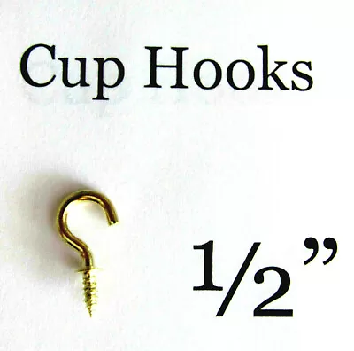 1/2 In Cup Hooks Mini Brass Plated Screw In Type 50/100/500 • $10.67