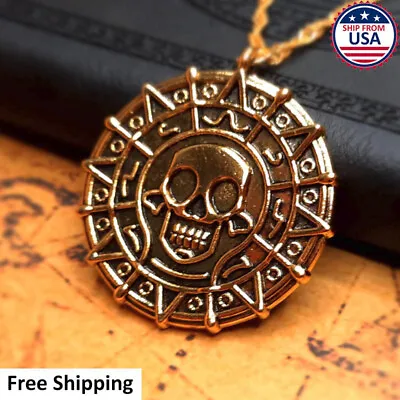 $5.99 • Buy Aztec Gold Plated Medallion Necklace Jack Sparrow Pirates Of The Caribbean USA
